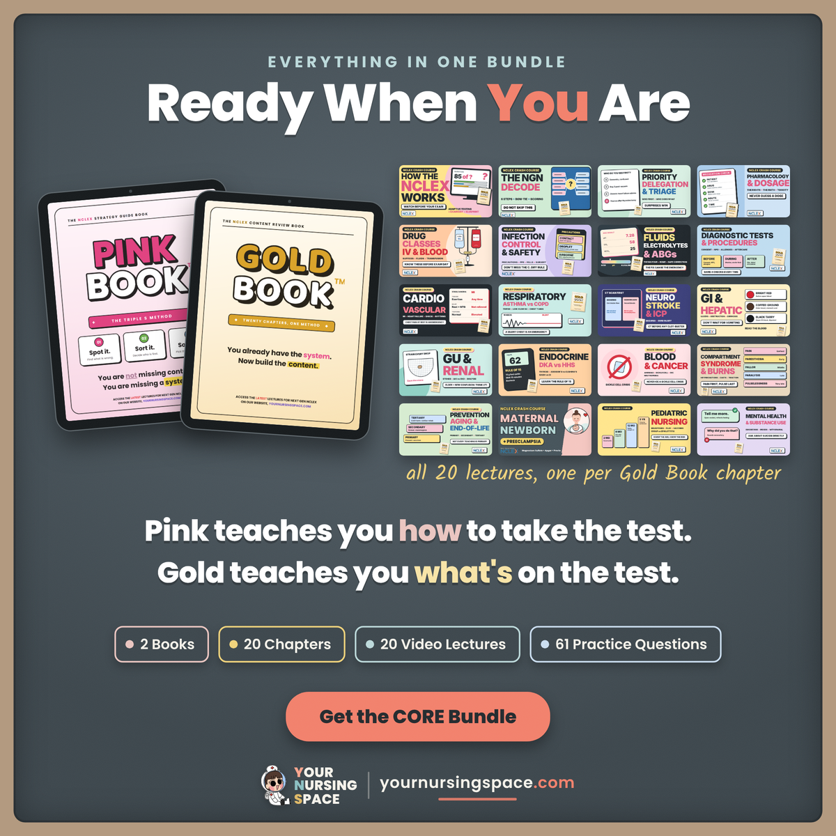The NCLEX CORE Bundle: Pink Book, Gold Book + 20 Video Lectures