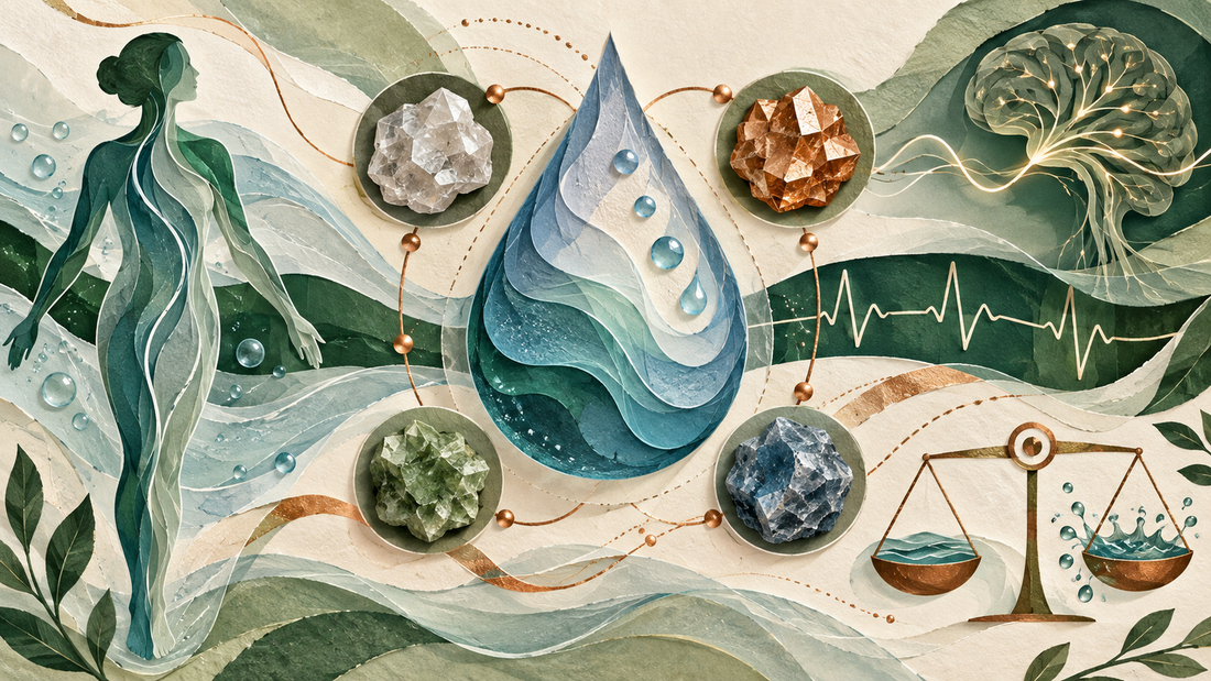 Fluid and electrolyte NCLEX illustration with water droplet, minerals and heart rhythm