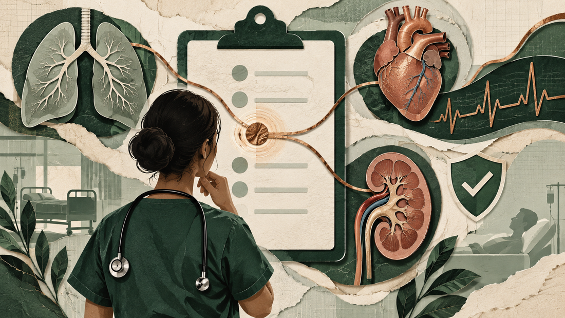 Med-surg NCLEX prioritization collage with lungs, heart, kidney and clinical checklist