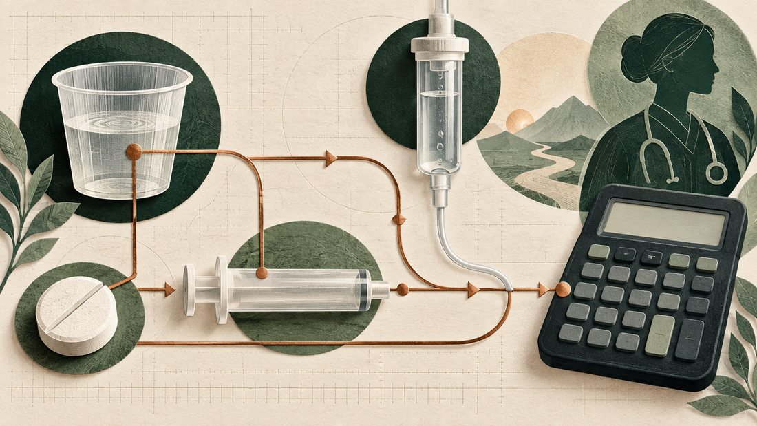 NCLEX dosage calculation illustration with medicine cup, IV tubing and calculator