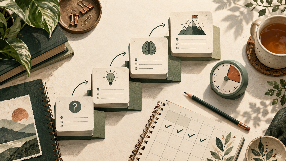 Editorial NCLEX study desk with practice questions forming steps toward a daily goal