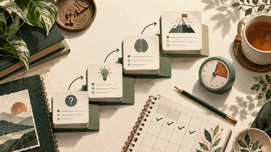 Editorial NCLEX study desk with practice questions forming steps toward a daily goal