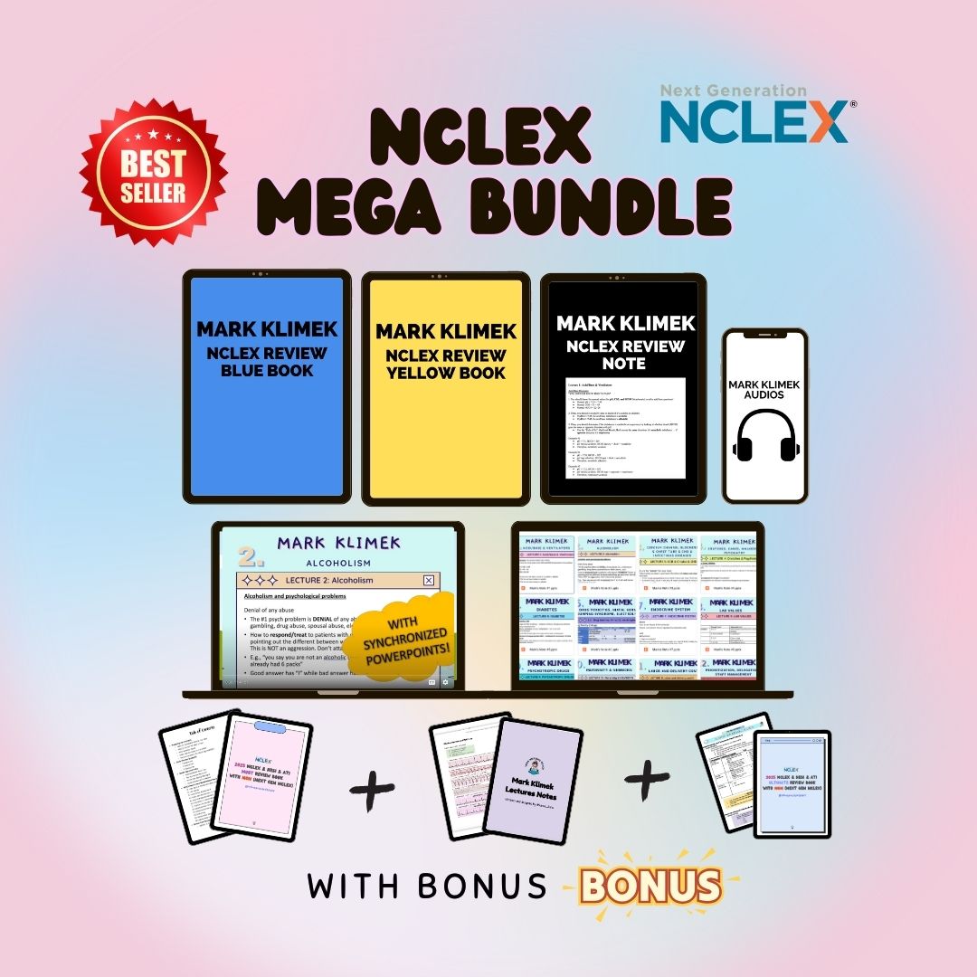 NCLEX MEGA Bundle based on Mark Klimek | Blue, Yellow, Review Notes, and Bonus NCLEX prep Notes and links | Instant Access