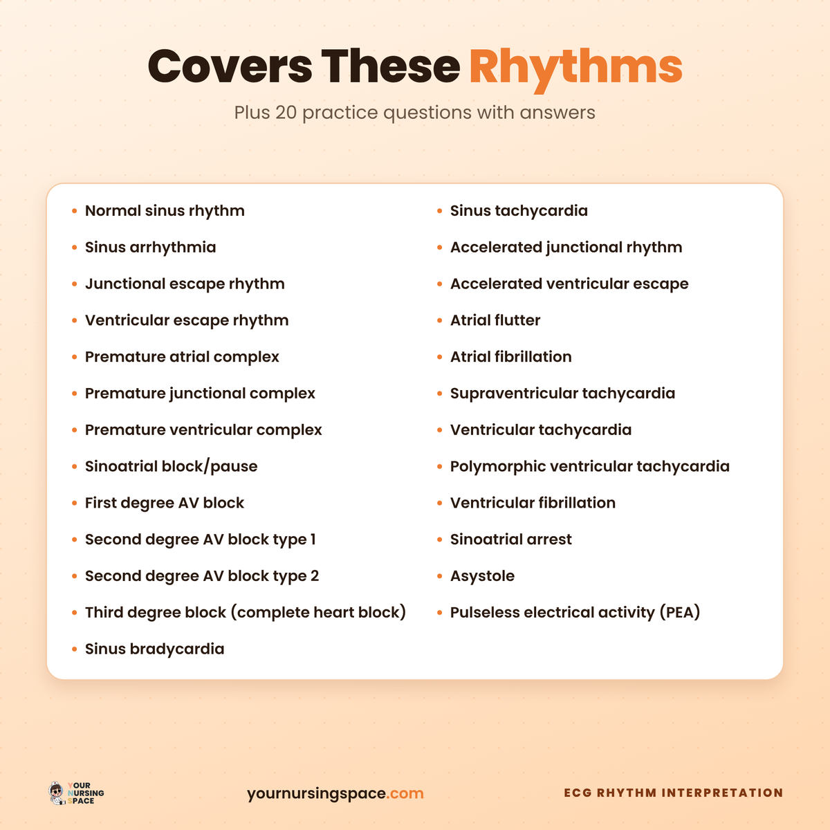 List of the 27 cardiac rhythms covered in the ECG interpretation guide