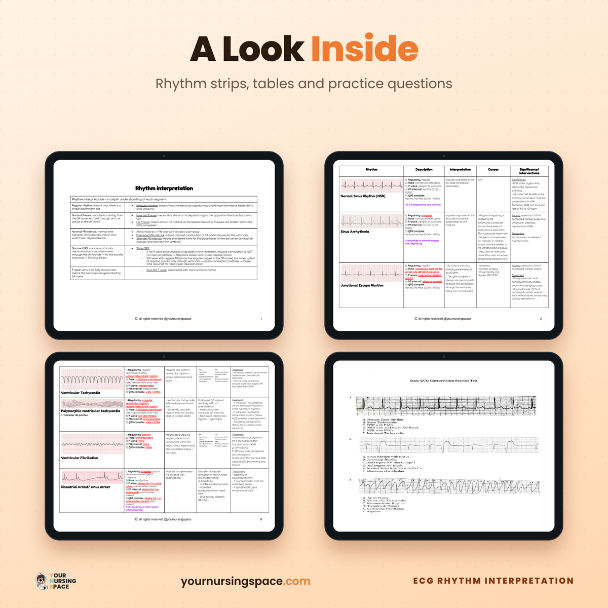 Sample pages from the ECG guide with rhythm strips, tables and practice questions