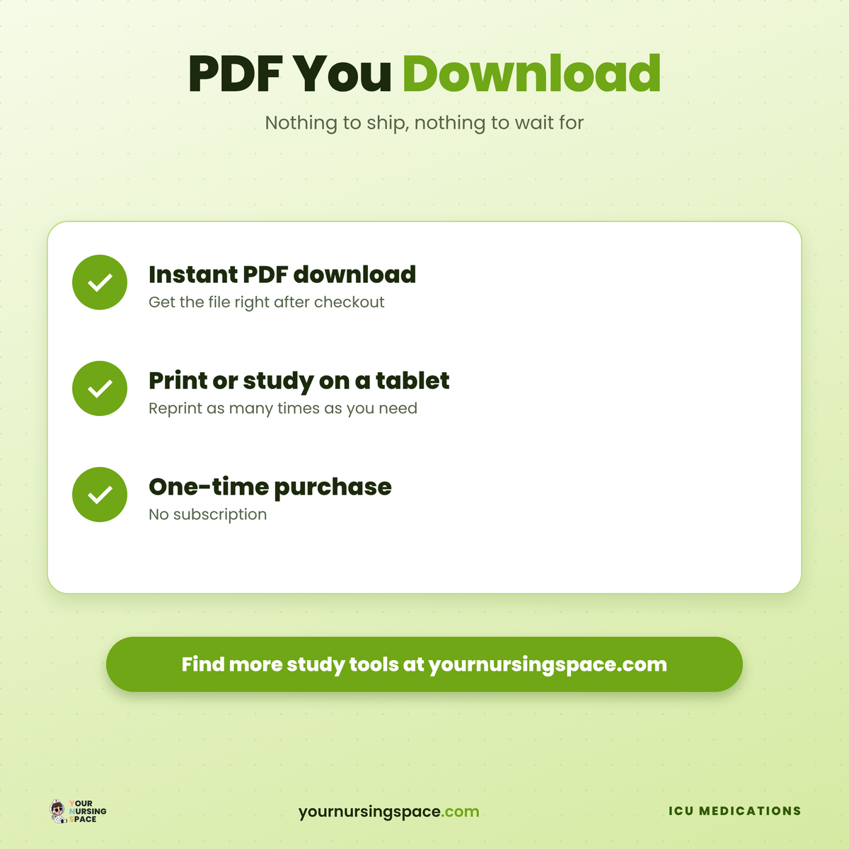 Critical care medication flashcards, instant PDF download