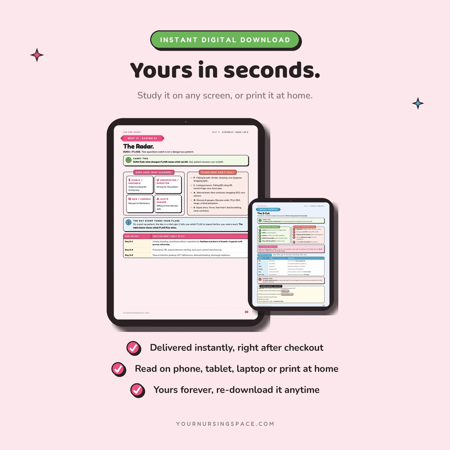 The Pink Book NCLEX guide instant digital download shown on tablet and phone
